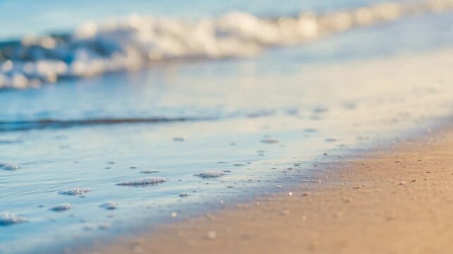 Close up of soft ocean waves gently washing onto sandy beach shore with sunlight reflecting on water