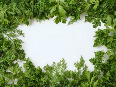 Frame border of fresh parsley and dill on white background. Fresh herbs, healthy cooking, recipe concept. Flat lay, copy space. 