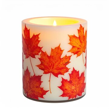 Warm, flickering candle with autumn leaf pattern