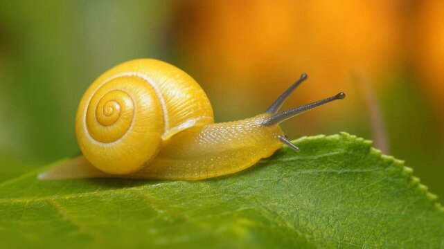 Close up of yellow snail crawling on green leaf in natural outdoor garden environment