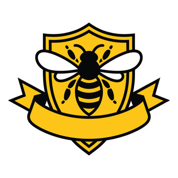 Bee Illustration Inside a Yellow and Black Shield Emblem with Wings and Stripes Featuring Insect, Honeybee, Graphic with Design