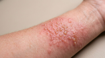 Fototapeta premium Skin rash with small blisters on man arm. Allergic reaction or contact dermatitis close up. Healthcare and dermatology concept for diagnosis and treatment of skin condition or disease.
