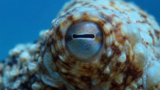 Close up of octopus eye with textured skin in natural underwater ocean environment