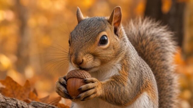 Close up of cute squirrel holding an acorn in autumn forest with warm orange background