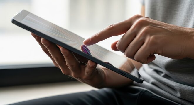Close Up Photo Of Hands Holding A Slim Dark Tablet 86 Gigapixel Standa