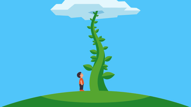 Young boy looks up in awe at a giant beanstalk reaching into the sky towards a fluffy cloud, fantasy illustration