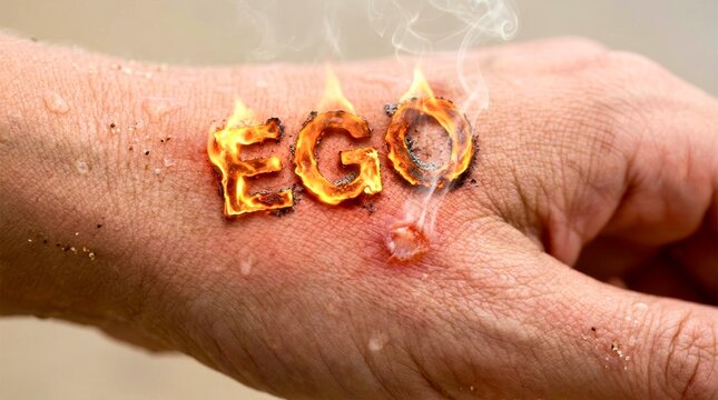 Burned letters spell "EGO" on a hand, smoking fiercely