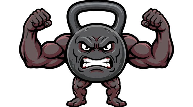 Fierce kettlebell mascot flexing double bicep pose