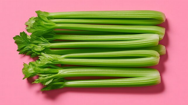 Fresh green celery stalks arranged neatly on pink background. Low calorie, diet food, healthy snacking concept. Flat lay, top view.
