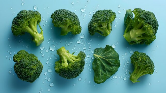 Fresh broccoli florets with water droplets on blue background. Superfood, detox, healthy vegetable concept. Flat lay, top view. 