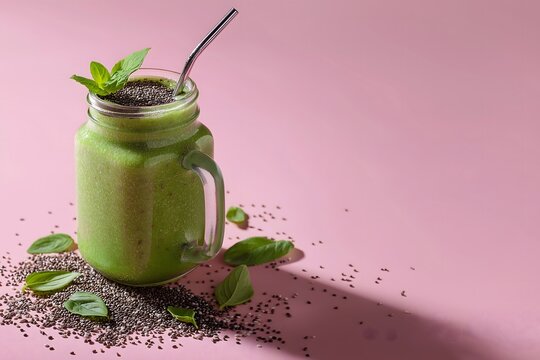 Mason jar with green smoothie, glass straw and chia seeds on pink background. Healthy drink, superfoods, clean eating. Flat lay. 