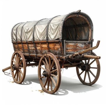 Old wooden covered wagon with weathered canvas and large spoked wheels