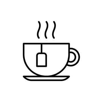 Minimalist tea cup outline icon with hot steam and a tea bag. Simple black line vector illustration of a warm mug on a saucer for cafe menus, breakfast designs, and web UI.