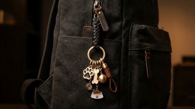 Close-up of a stylish keychain with a paw print charm hanging from a dark backpack zipper.