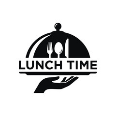Silver dome cover with cutlery and hand black silhouette style © MDMINTU