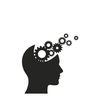 Human head silhouette with gears black on white background