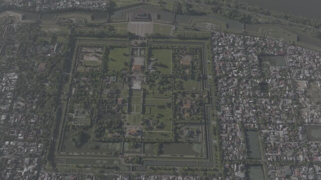 Aerial drone view of Hue Imperial Citadel featuring Ngo Mon Gate, Thai Hoa Palace and Kien Trung Palace, showcasing Vietnam's UNESCO royal heritage, ancient architecture and cultural landmark. D log m