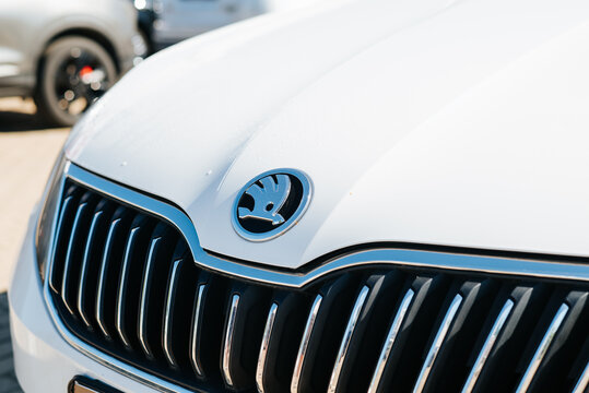 A Skoda car is parked at a dealership, highlighting the logo and grille design. Bright sunlight illuminates the setting, capturing the details of the vehicle Smolensk, Russia 07.17.2026
