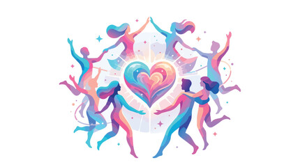 Obraz premium Abstract illustration of diverse people dancing around a colorful glowing heart.