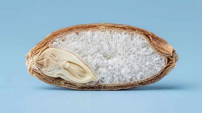 Longitudinal Cross Section of a Rice Grain Showing Internal Structure and Embryo on Blue Background