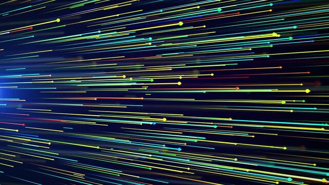 Vibrant lines streak across a dark, dynamic background. Colorful beams pulse with motion, conveying speed and energy. Abstract arrows race diagonally, forming a sense of forward momentum