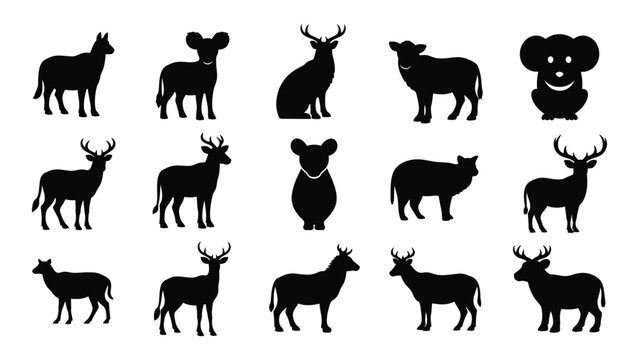 Black silhouettes of various deer and animals