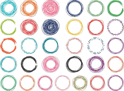Set of hand drawn circular frames and doodle sketch circles in various colors and styles for creative design projects and artistic graphic elements collection