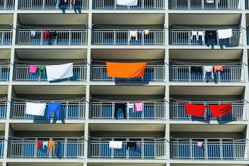 Obraz premium Clothes dry on lines strung across balconies of modern condo building. Laundry hangs on railings under bright sun, showing colorful garments, textiles on apartment terraces. Residential laundry dries