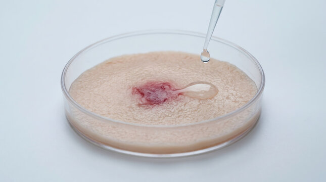 Scientist testing product sample on artificial skin model in petri dish. Bioengineering research for dermatology and cosmetic science. Laboratory experiment in regenerative medicine.