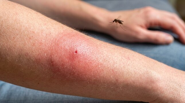 Close-up of a human arm with a mosquito bite and swelling, mosquito hovering nearby, soft fabric background, illustrating insect bite effects on skin