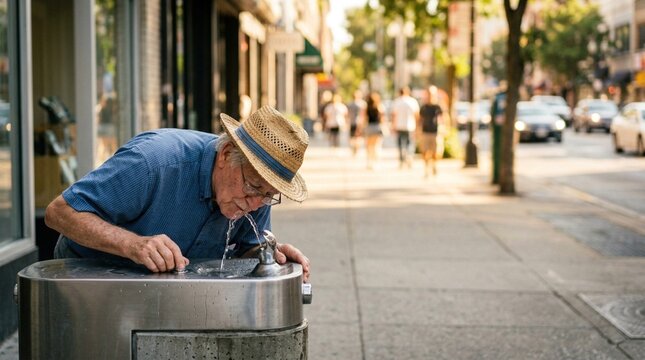Elderly man wearing straw hat drinks from a public water fountain on a city sidewalk, with pedestrians and vehicles visible in the background
