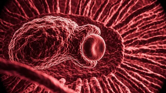 Red-colored microscopic view of a cell engulfing a smaller cell, showcasing the intricate details of cellular interaction and structure in a biological environment