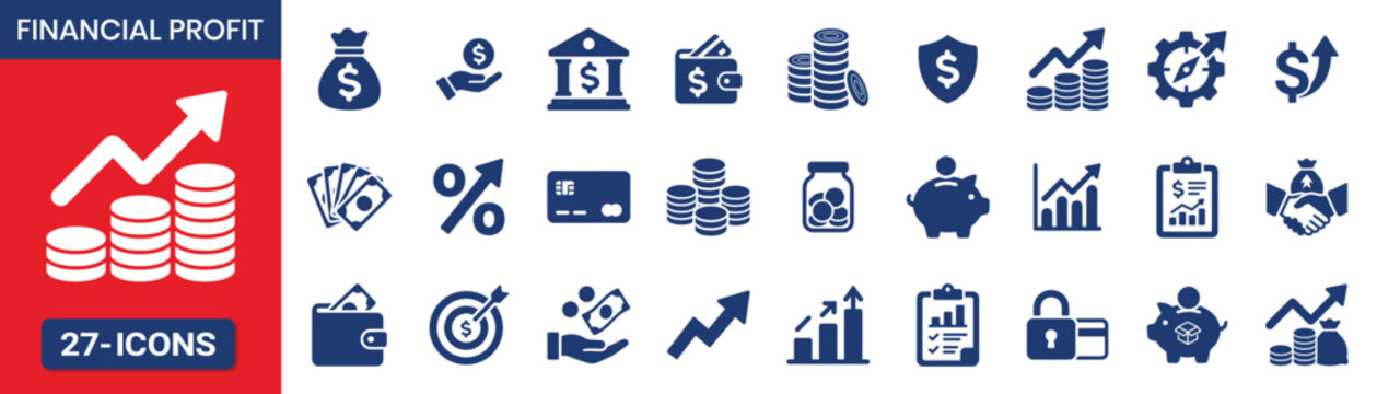 Financial profit pictogram style fill icon set Vector illustration