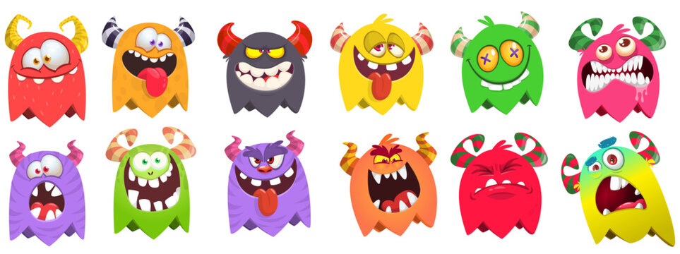 Happy cartoon monsters with different face expressions. Set of cartoon vector funny and scary monsters characters design isolated on white