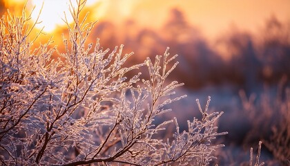Obraz premium Frost Coated Branches Sparkling Under Soft Sunset Light