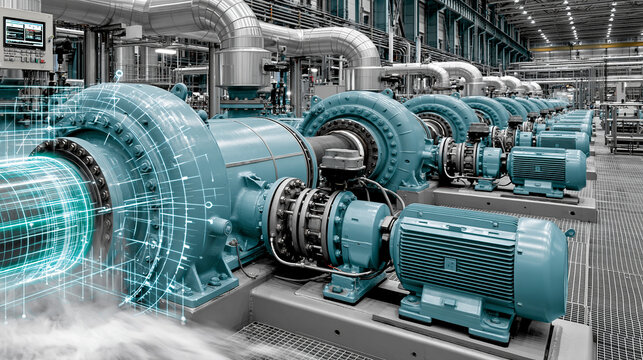 An AI-powered predictive maintenance system in a high-tech industrial setting, symbolizing efficiency and reliability through AI