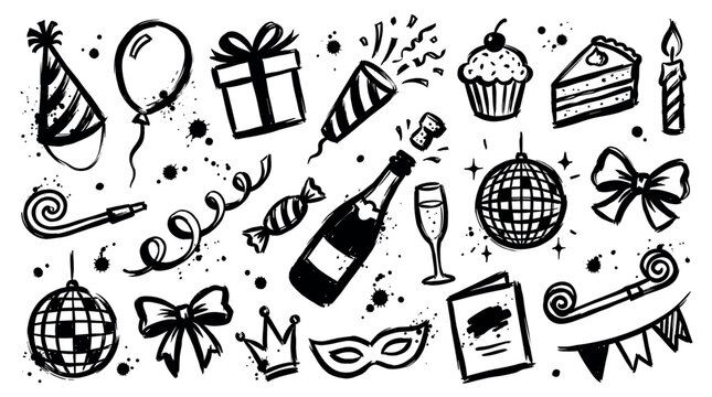 Various hand-drawn black party celebration elements with grunge texture are scattered across a clean white background, creating a festive doodle pattern
