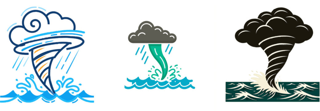 A flat 2D vector art of a funnel waterspout vortex connects a dark storm cloud to the churning ocean surface, depicted in minimalist geometric shapes with solid colors, side perspective view layout,