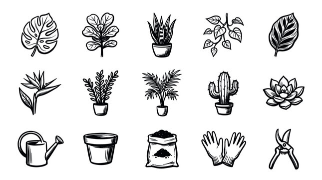 Various hand-drawn black and white gardening elements including potted plants, leaves, tools, and soil on a clean white background