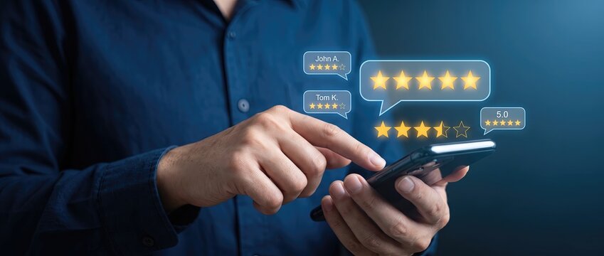 A man using a smartphone to read customer reviews and ratings with graphical stars and feedback bubbles showcasing digital communication and technology in modern life