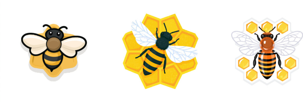A charming honeybee performs a waggle dance on a honeycomb grid in a minimalist geometric design with a honey gold, bee black, and wax yellow palette