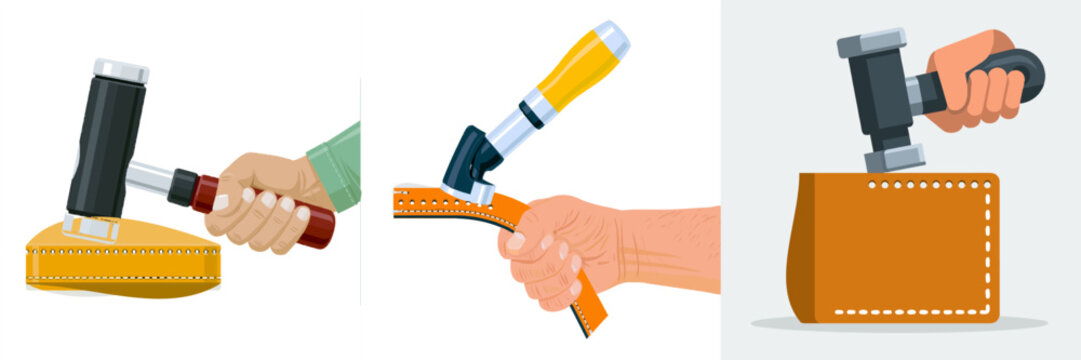 A leather crafter meticulously punches stitching holes along the edge of a tan leather wallet strip using a black-handled punch with a red handle, set against a clean white background