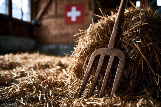 Traditionelle Heugabel im goldenen Heu eines Schweizer Bauernhofs