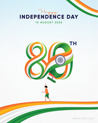 Modern 80th Independence Day of India 2026 poster featuring creative tricolor 80 typography, Ashoka Chakra, Indian flag, and patriotic design. Perfect for greeting cards, posters, banners, and social  © Mete-X