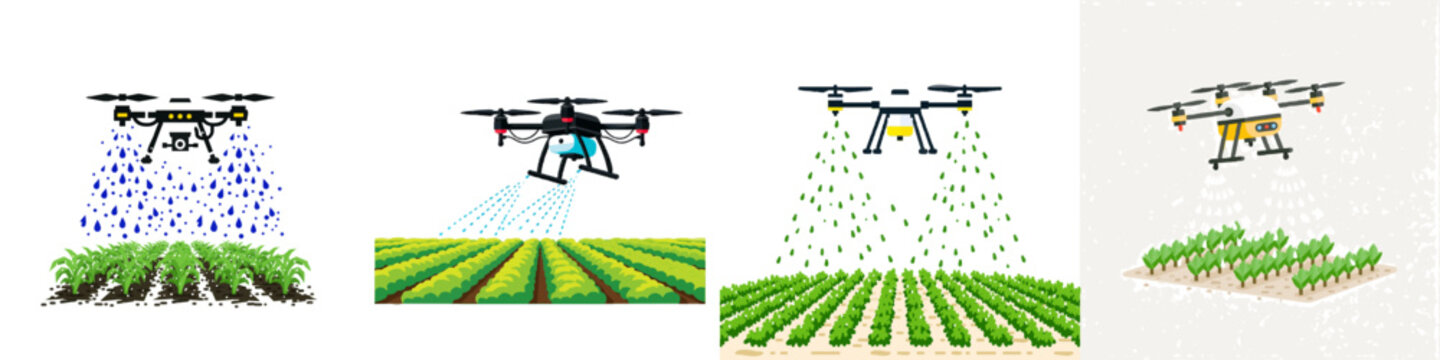 A sleek agricultural drone sprays precise water droplets over meticulously organized rows of crops in a pristine, minimalist vector art illustration with vibrant colors
