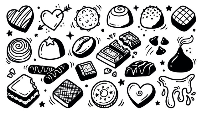 Various hand-drawn chocolate candies, bars, and hearts are arranged in a playful doodle pattern on a clean white background