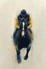 Dynamic modern impressionism artwork featuring a black horse and rider in motion, showcasing energy and grace in a unique oil painting style © Boyan Dimitrov