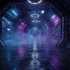 Fototapeta premium Smoke Fog Blue Purple Grunge Concrete Sci Fi Elegant Modern Futuristic Spaceship Underground Tunnel Hall Gallery Room Empty Space Tiled Floor Reflections Abstract Background Alien 3D Rendering