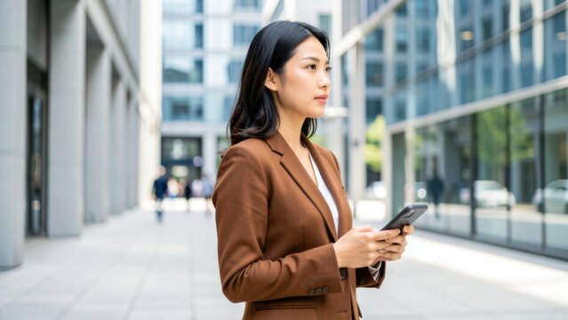 stylish asian businesswoman contemplating on modern city sidewalk with blurred glass office buildings for corporate marketing banner