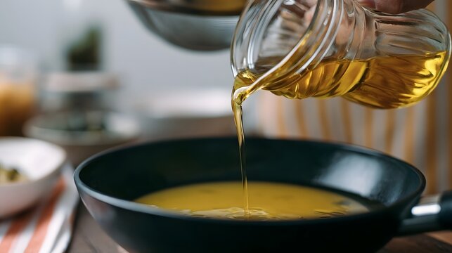 Golden cooking oil being poured from a glass bottle into a black frying pan on a wooden surface